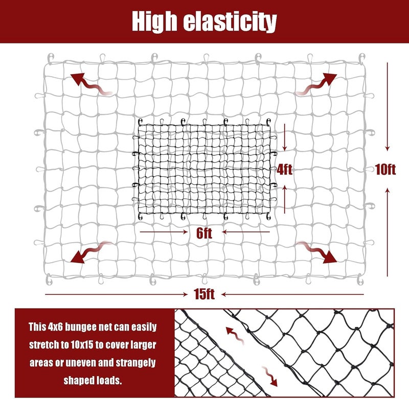 Migaven Heavy Duty Cargo Net for Pickup Truck Bed - 4' x 6' Stretches to 10' x 15' - Small 4"x4" Latex Bungee Net Mesh with 24 Clips - Compatible with Ford, Chevy, Dodge Ram, Toyota - Image 4